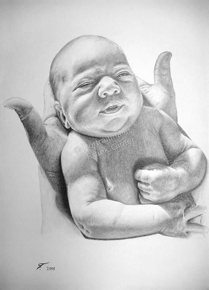 Bleistiftzeichnungen, Portraitzeichnung, Baby Portrait zeichnen lassen, Baby in Händen
