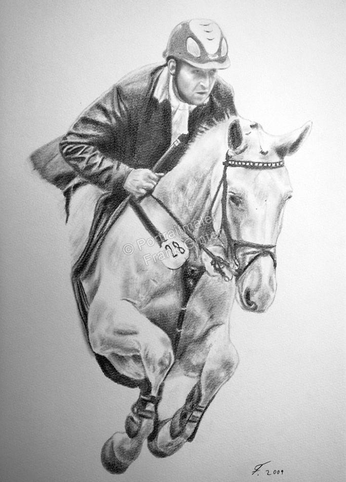 Eine Tierzeichnung - Pferdezeichnung, Pferd mit Reiter als Bleistiftzeichnung