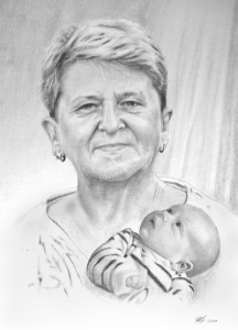 Bleistiftzeichnung, Portraitzeichnung, Bleistiftzeichnungen von Oma und Baby, Bleistift-Portraits, Portraitzeichnungen mit Bleistift