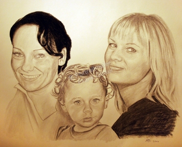 Eine Portraitzeichnung - Kohlezeichnung zwei Frauen und ein Kind, Familienzeichnung Familienportrait