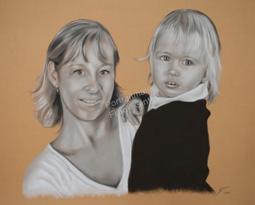 Ein Portraitgemälde - Pastellgemälde Frau und Kind, Familienportrait
