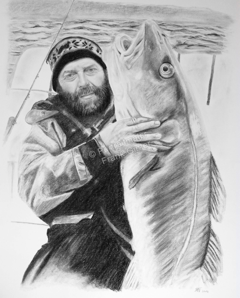 Kohlezeichnung Mann mit Fisch, Angler, Portraitzeichnung, Kohlezeichnungen Tiere, Fische, Portraitzeichner Mann und Fisch Angler