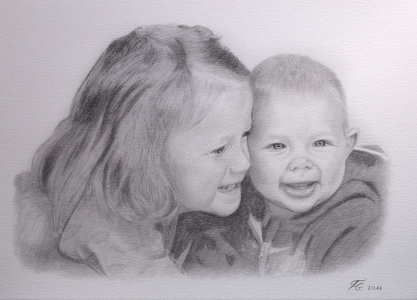 Bleistiftzeichnungen, Portraitzeichnung - Kinder, Baby, Bleistiftzeichnung, Kinder-Portraits Geschwister