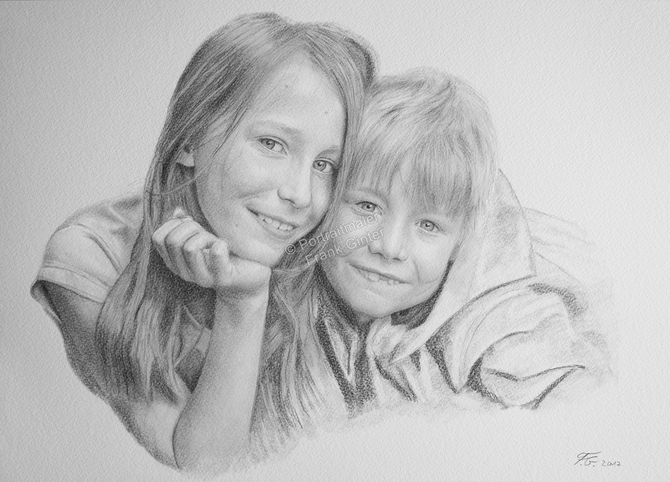Bleistiftzeichnungen, Portraitzeichnung - Kinder, Bleistiftzeichnung, Kinder-Portraits Geschwister